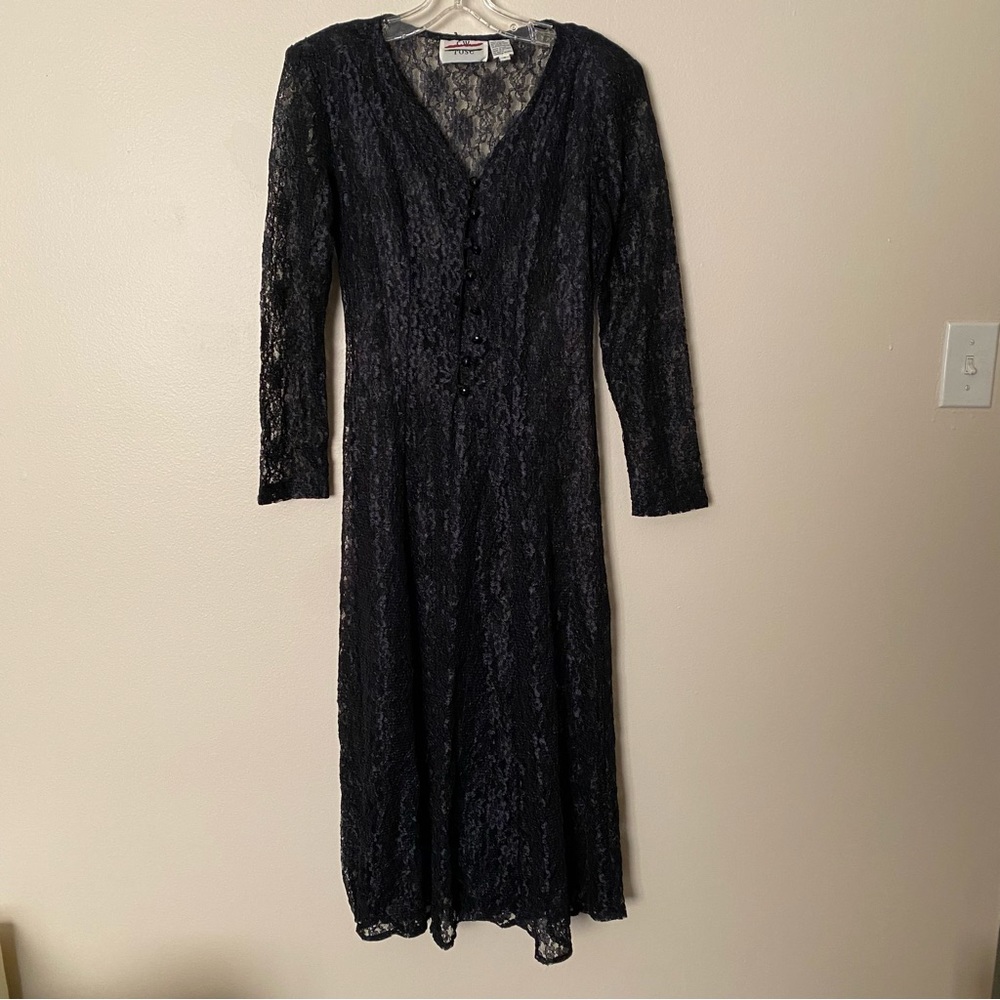 Vtg CW Rose black lace dress size 6 tie corset back c.w. rose EUC vintage